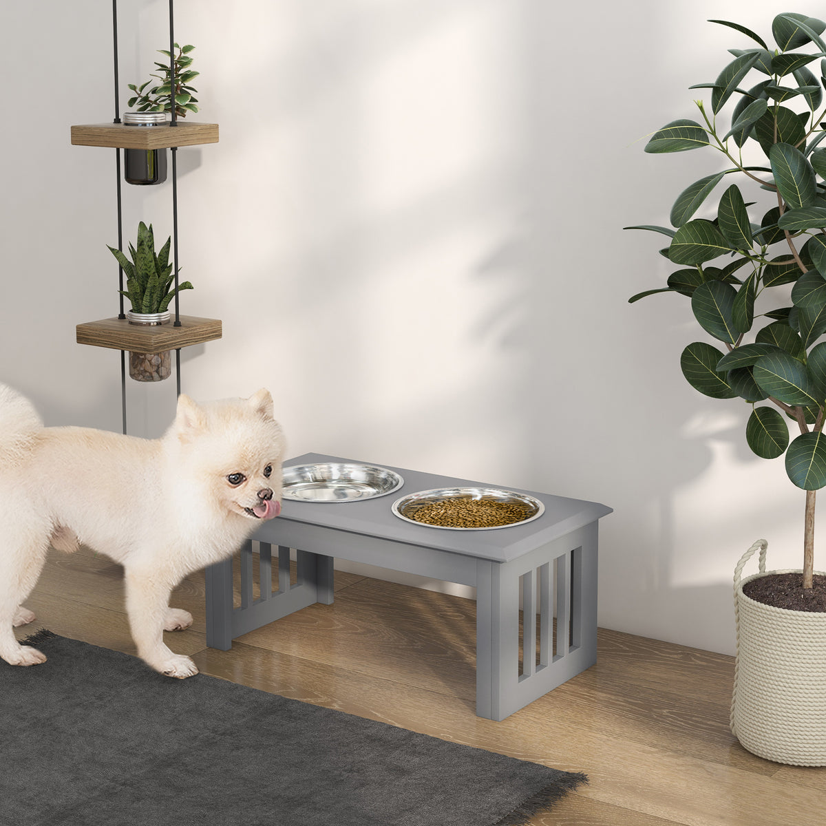 Dog eating from a raised feeding station