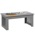 Grey raised dog feeding station with two steel bowls