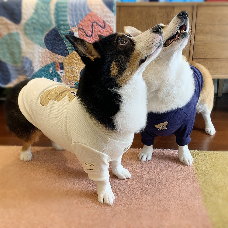 Dogs in navy and cream jumpers
