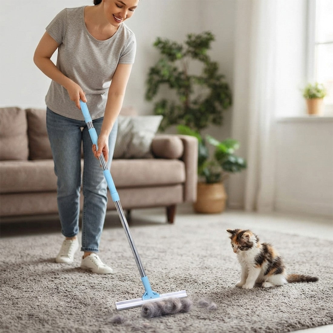Sweeping pet hair from a rug